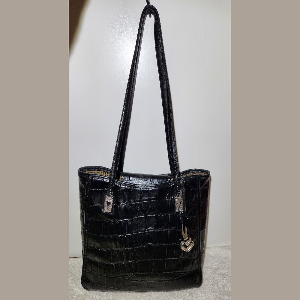 BRIGHTON BLACK CROC EMBOSSED LEATHER SHOULDER HANDBAG